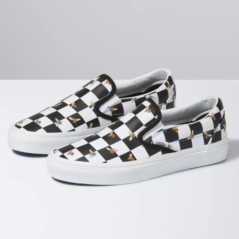 Slip on checkered bumble bee vans